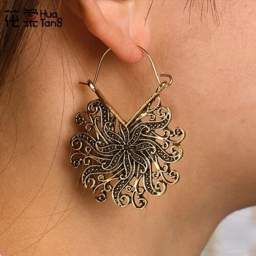 HuaTang Vintage Gold Silver Color Flower Dangle Earrings for Women Carving Hollow Earring Female Party Ear Hanging Jewelry 14379