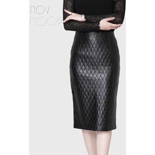 Quilted black genuine leather skirt women slim split pencil skirt faldas jupe saia etek sheepskin lambskin skirt LT1099