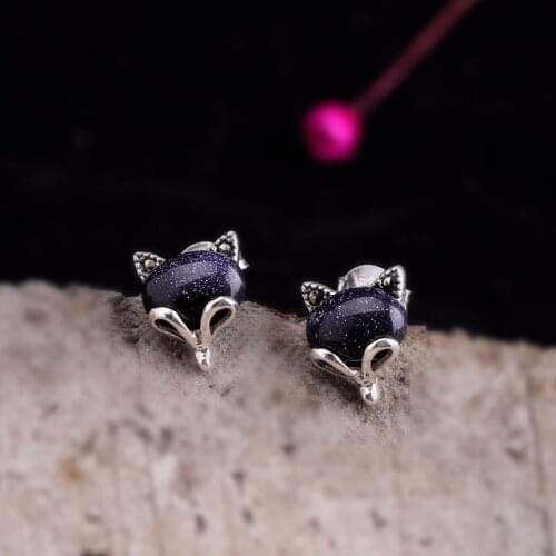 Cute Female Blue Green Red Jade Earrings Crystal 925 Sterling Silver Earrings For Women Small Fox Animal Stud Earrings