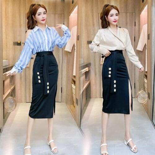 Women 2021 Spring Autumn Work 2 Pieces Set Female Long Sleeve Blouses & High Waist Pencil Bodycon Skirt Office Lady Suit C346