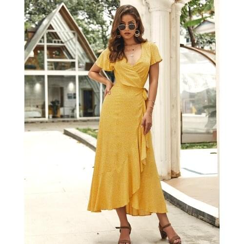 Novel Summer Beach Maxi Dress Print Boho Long Chiffon Dress Women Floral V-Neck Ruffles Wrap Casual Split Holiday Dress Vestidos