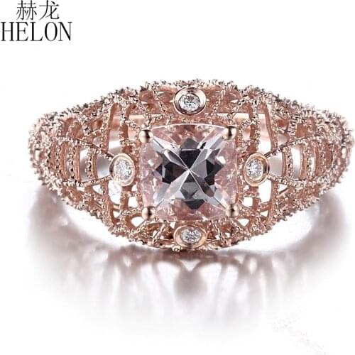 HELON Solid 14K Rose Gold Cushion 6mm Natural Morganite & Diamonds Engagement Wedding Ring Women Vintage Antique Fine Jewelry