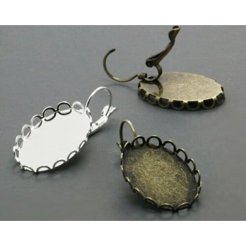 10X w/13*18mm Silver Plated/Antique Bronzed Fishhook Hook Earring Blank Lace Tray for Glass Cabochons/Bezels