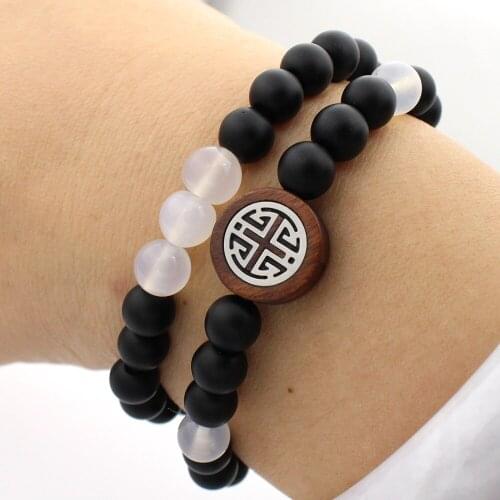 2pcs/set Fashion Nature Wooden Charm Beads 8mm Natural Stones Stretch Bead Bracelet For MEN&WOMEN Jewelry
