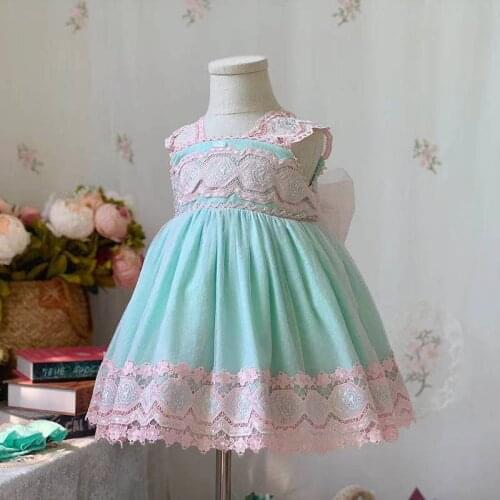 2PCS Summer Princess Lolita Spanish Green Lace Mesh Sleeveless Ball Gown Dress For Baby Girls Birthday Party Easter Turkey 0-6Y
