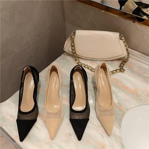 2021 Foreign Trade Fashion New Mesh Pointy Stitching High Heel Thin Heel Shallow Shoes Women