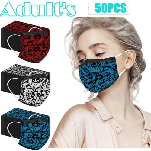 50PCS Lace Print Face Mask Wrap For Adult Man Women Disposable Masks 3Ply Skin Care mascherine Mouth Cover mascarilla desechable