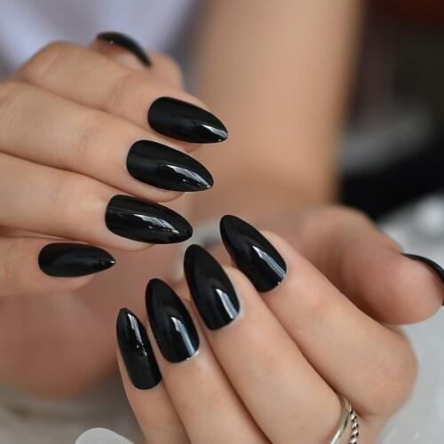 24Pcs Shor Almond All Black Color Nail Glitter Nails Art Nails Tip Wholesale Full Cover Nails Gels Nails Cute