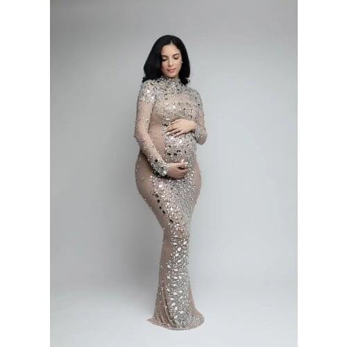 Sparkly Silver Big Rhinestone Transparent Long Dress Evening Birthday Celebrate Luxurious Costume Dancer Flashing Dress YOUDU