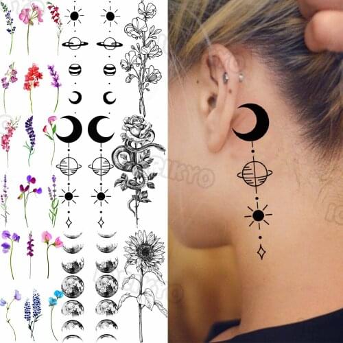 Black Moon Planet Temporary Tattoos Small For Women Girls Sun Flower Snake Rose Lavender Fake Tattoo Sticker Neck Arm Tatoos DIY