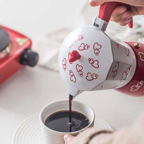 Red Heart Print Coffee Maker Aluminum Alloy Moka Pot Espresso Mocha Latte Filter M68E