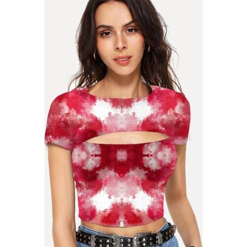 Somepet Tie Dye T-shirt Women Psychedelic T-shirts 3d Abstract Hollow Out T shirts Harajuku Navel Bare Short Sleeve Summer New