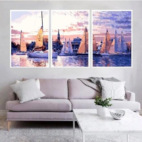 GATYZTORY 3PC Frame Painting By Numbers Modern Home Wall Art Picture Water Building Paint By Numbers For Home Decors
