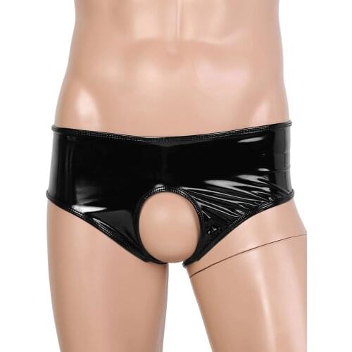 IEFiEL Fashion Gay Mens Wet Look Patent Leather Lingerie Open Crotch with Sheer Organza Trim Sissy Briefs Underwear Panties
