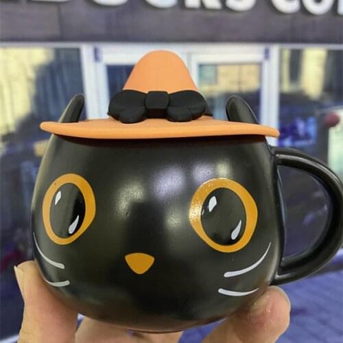 Mysterious Black Cat Ceramic Mug Personality Black Matte with Handle Halloween Magic Hat Coffee Cup Creative Water Cup