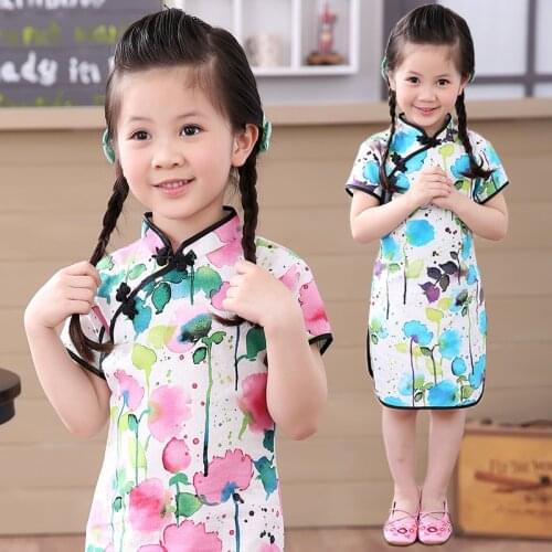 Chinese New Year Baby Girls Dress Ink Wash Painting Lotus Kids Traditional Qipao Children Cheongsam Linen Girl Clothes Vestidos