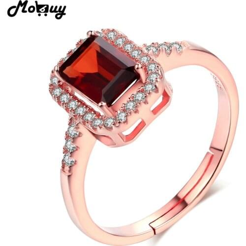 MoBuy MBRI009 Square Cut Red Garnet Adjustable Ring 925 Sterling Silver Rose Gold Plated Natural Gemstone Fine Jewelry For Women
