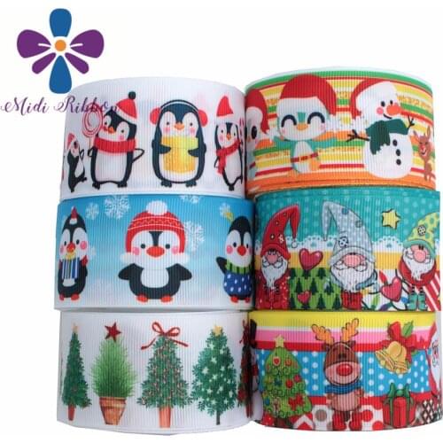 16mm-75mm Mrry Christmas Cartoon Penguin Snowman Printed Grosgrain/Foe Ribbon DIY Hair Bowknots Tree Decor 50yards/roll