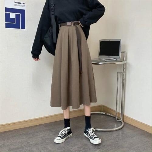 Solid Skirts With Belt Women Mid-Calf High Waist Friends Korean Elegant College Spring Autumn All-Match Jupe Mujer Faldas Female
