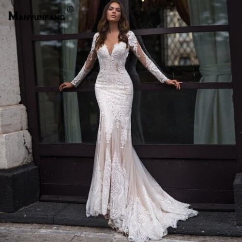 Custom Made Illusion O-Neck Embroidery Appliques Tulle Mermaid Wedding Dress Luxury Button Full Sleeve Chapel Train Bridal Gown