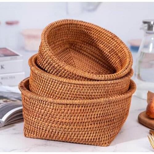 Wicker Rattan Basket Hand Woven Bread Tray Food Fruit Vegetable Bowl Candy Snacks Serving Storage