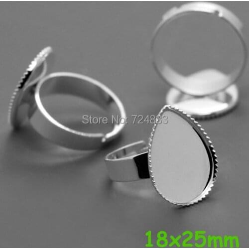 Blank Bezel Ring bases w/ Inner 18x25mm teardrop pads tray Glass Cabochon Brass Adjustable Ring Settings Findings Silver tone