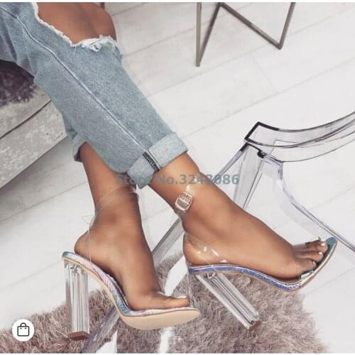 Multi-color PVC Strap Thick Heels Sandals Peep Toe Metallic Transparent High Heel Summer Shoes Women Party Night Club Shoes