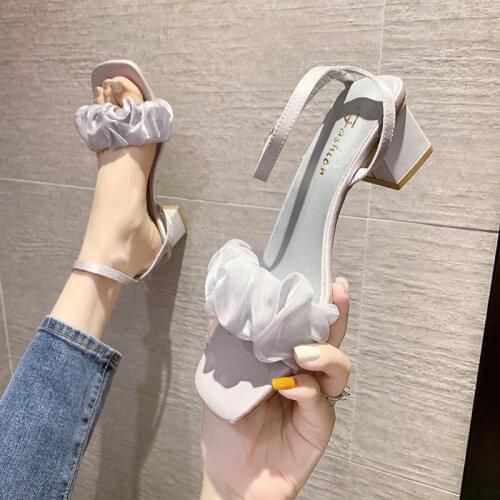 Sandals 2021 new one-word buckle high heels summer thick heels womens shoes Rome
