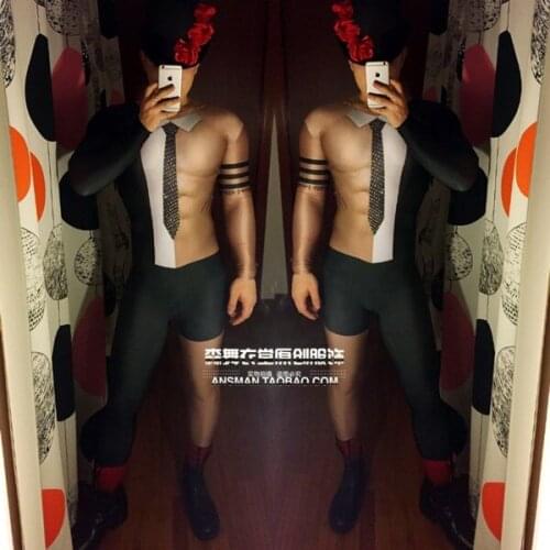 Hot new bar nightclub Men pants male singer DJ catwalk trousers 3D fake muscles naked mens jumpsuit party costumes