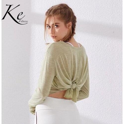 KE green pink front and rear split fork knotted yoga fitness blouse shirt female loose long sleeve running training t-shirt top