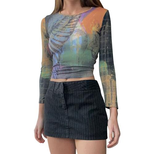 Womens Autumn Polyester Long Sleeve Tops Casual Fashion Round Neck Abstract Print Slim Fitting T-Shirts