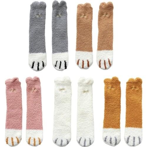 Women Winter Fluffy Slipper Crew Socks Cartoon 3D Ears Cat Paw Embroidery Kawaii Thick Cozy Warm Floor Sleeping Hosiery