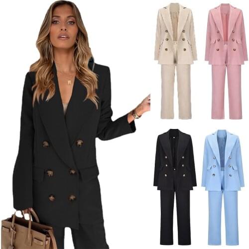 Women Elegant Blazer Suits Double Breasted Long Sleeve Coats and Elastic Waist Long Pants Office Lady Business Pant Suits