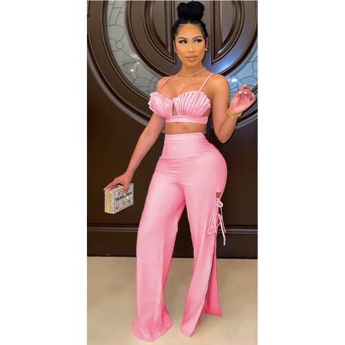 2021 High Quality New Design 2 pcs Women Set Solid Ruched Spaghetti Strap Short Tops Long Pants Summer Sexy Club Outfits