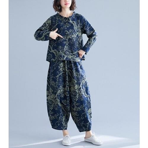 2021 New Arrival Long Sleeve Autumn Sets Cotton Linen Vintage Women Clothes Set Loose Tops Harem Pants Two Piece Casual Set Suit