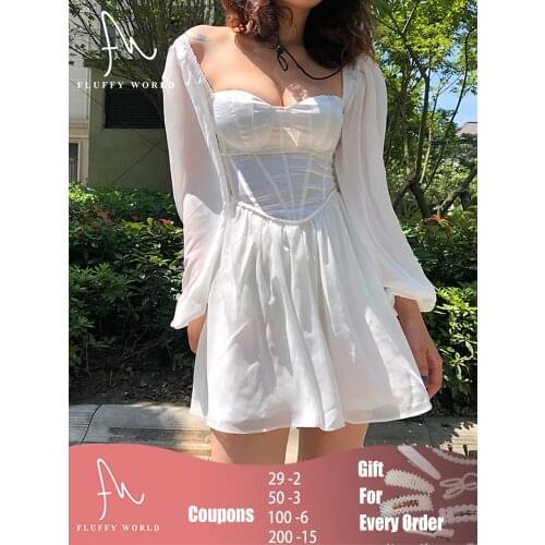 Women White Bodycon Dress Y2K Square Collar Lantern Long Sleeve Chiffon Mini Dresses Beach Vacation Outfit Party Dress Summer