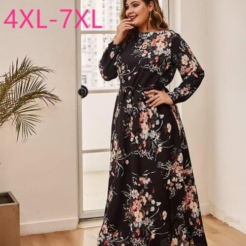 New spring autumn plus size long dress for women large loose long sleeve black floral flower print dress belt 3XL 4XL 5XL 6XL