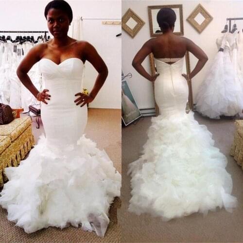 New Plus Size Sweetheart Mermaid Wedding Dresses Ruffles Sweep Train White Bridal Gowns Cheap Online Black Girls Vestidos De