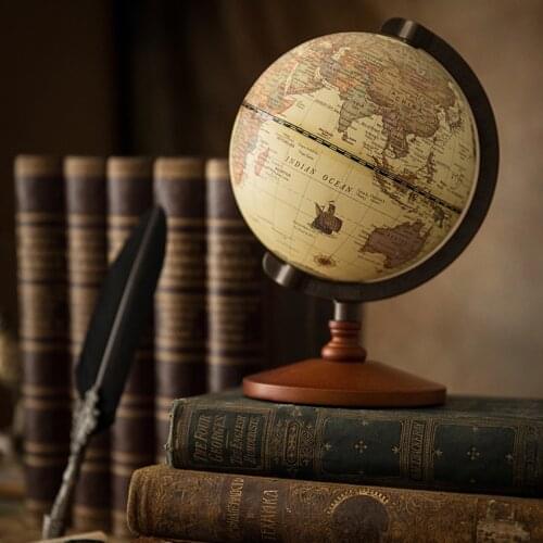 Educational World Globe for Kids with Wooden Stand, Antique Globe Decorative Desktop Rotating Earth Geography Globe, 14cm