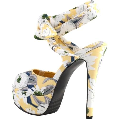 LF80895 SHOW STORY Retro Yellow Floral Print Ankle Strap Platform High Heel Party Sandals