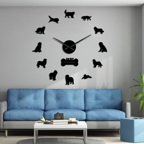 Working Dog Breed Newfoundland Silent Quartz Large Wall Clock Watch with Newfie Postures Mirror Numbers Stickers Newf Decor DIY