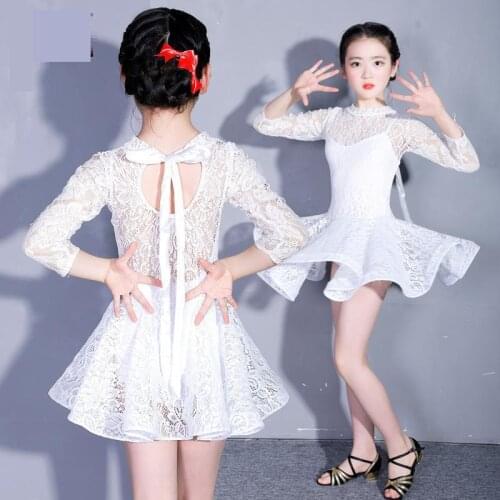 White Girl Long Sleeve Lace Latin Dance Dresses Children Ballroom Dance Competition Costumes Kids Salsa Cha Cha Samba Show Dress