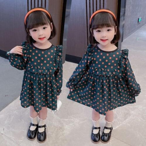 Spring and Autumn Temperament Girls Long Sleeve Polka Dot Dress Children Fashion Stitching Ruffled Puff Sleeve Princess Dress