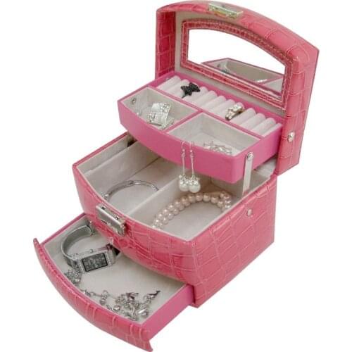 Brand Jewelry Box Three layers Semi-Automatic RIngs Bracelet Necklace Rings Jewel Storage Alligator Pattern PU Women Jewelry Box