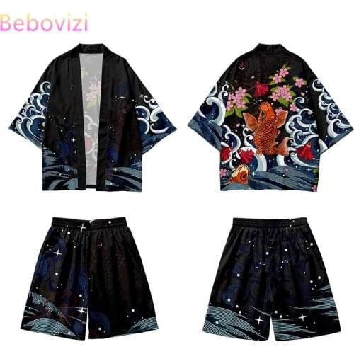 Harajuku Carp Print Cardigan Haori Cosplay Kimono Shorts Sets Japanese Traditional Clothes Shirt Women Men Two-piece Suit Yukata