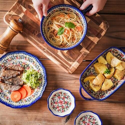 Ceramic Soup Bowls Retro Bakeware Hand-Painted Kitchen Tableware Salad Dessert Steak Pasta Plate Household Fruit Tray Decoration