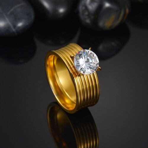 Big Stone Classic Wedding Ring for Women Men Gold Stainless Steel Crystal Rings Woman Jewelry Lady Gift US Size 7 8 9 10 11
