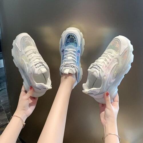 Dad Shoes Womens 2021 New Lace Jelly Platform Heightened Sneakers Breathable Mesh White Shoes for Women