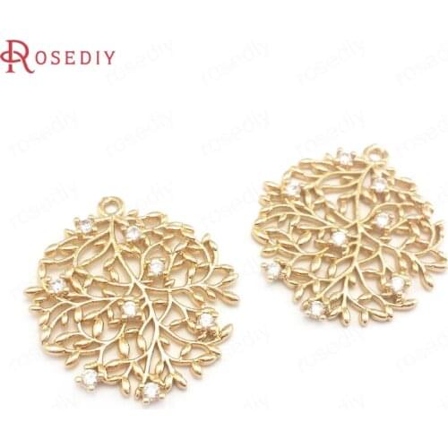 40124)10PCS 24K Champagne Gold Color Brass and Zircon Round Circle Charms Pendants Jewelry Making Supplies Findings Accessories