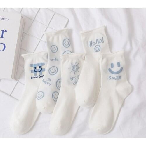 Summer Thin Woman Funny White Cotton Socks Smiley Print Korean Style Kawaii Smile Face Letter Sweet Cute Harajuku Girls Socks